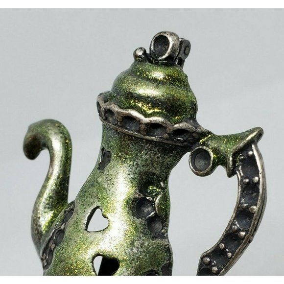 Rare Green Tea Kettle Lapel Pin Heart Embossed Hat Brooch - Picture 9 of 10